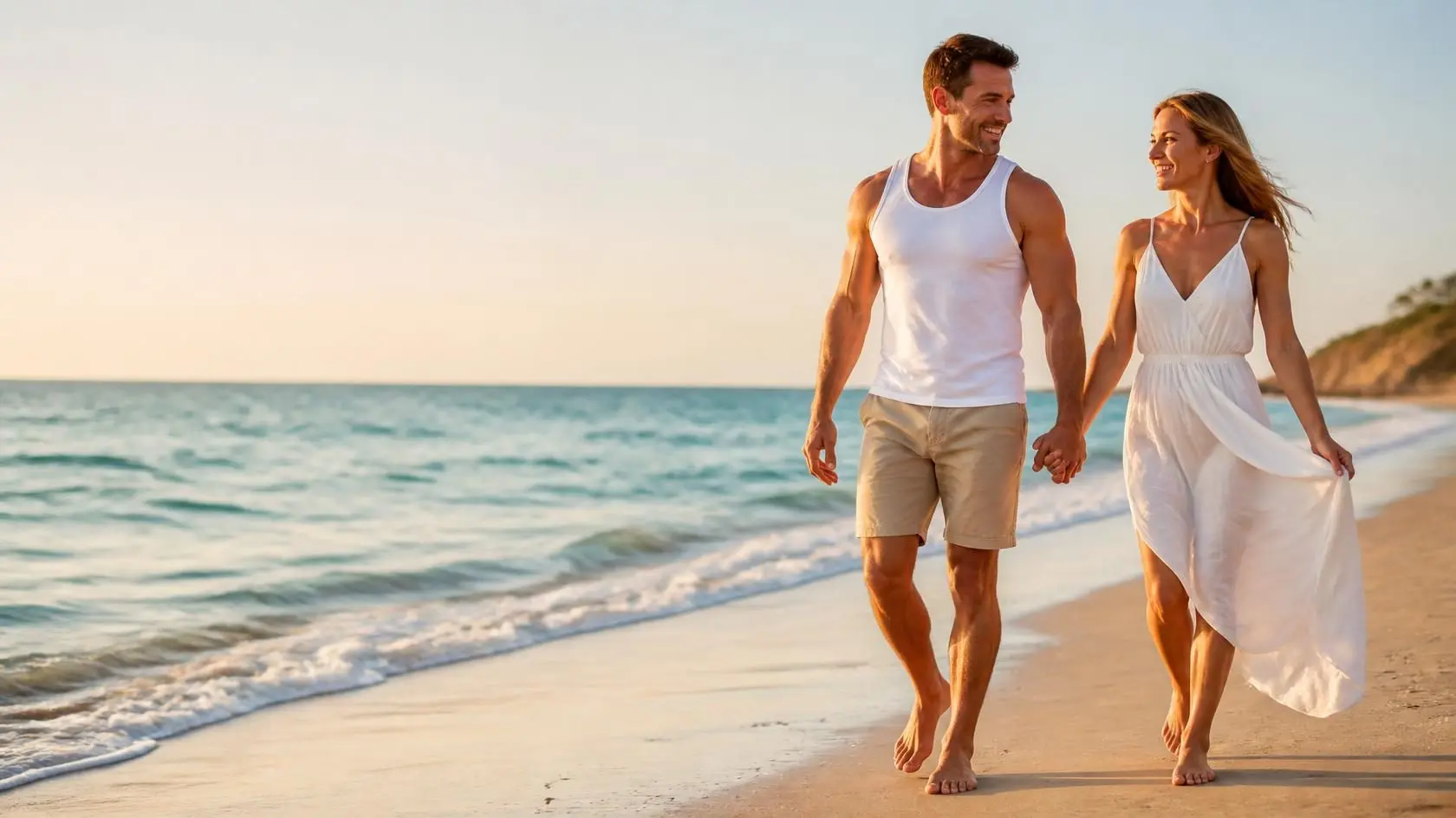 A fit couple walking hand in hand along the beach at sunset